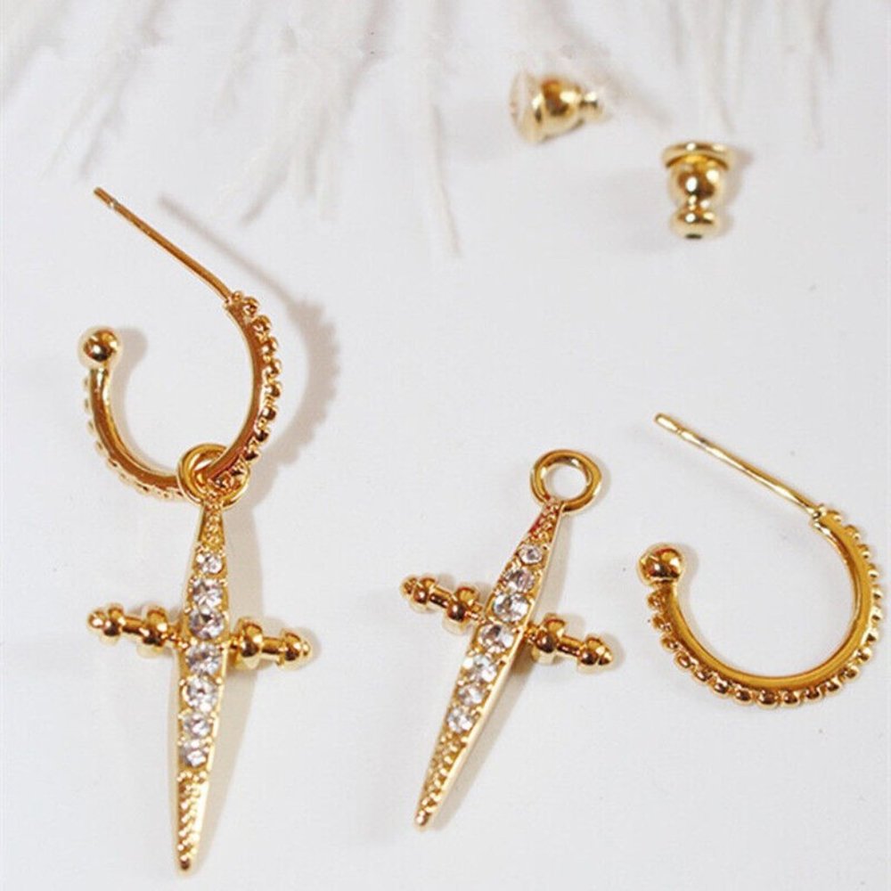 Men's 18K Yellow Gold + 925 Silver Diamond Zircon Cross Sword Stud Earrings Gift - Picture 6 of 6